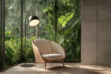 Modern Rattan Armchair with Floor Lamp in Tropical Indoor Setting