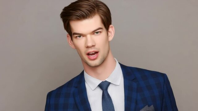 Stylish young man in formal attire with blue patterned suit and tie showcasing modern fashion and confidence