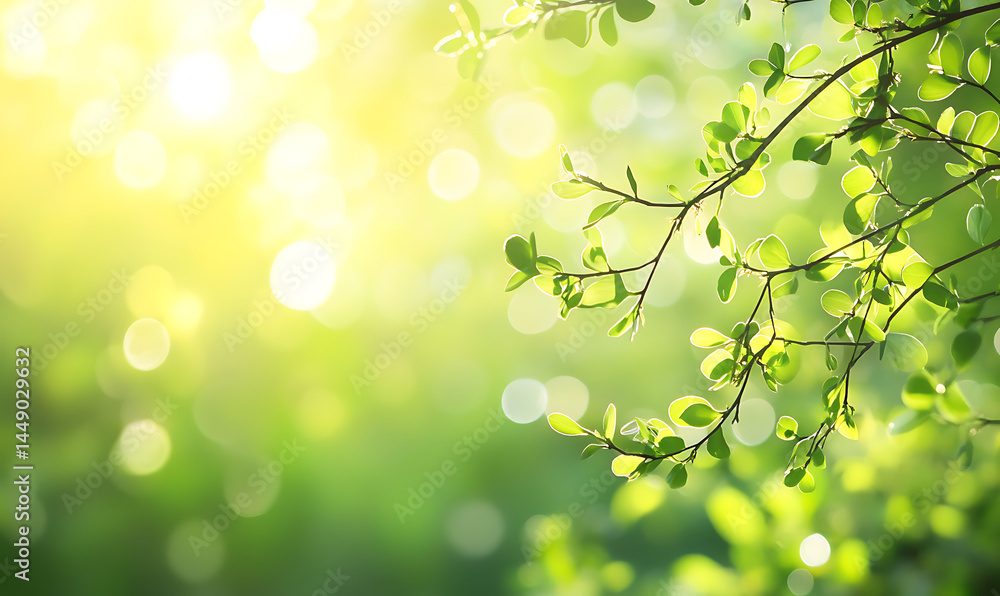 Poster blurred background of spring nature with sun rays and bokeh effect. abstract summer green background