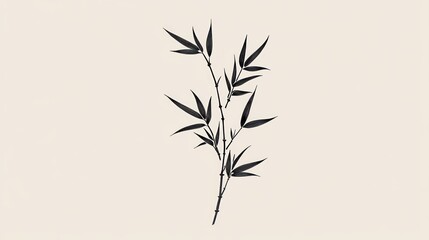 Obraz premium Black ink bamboo sprig on light beige background, minimalist, decorative