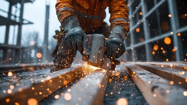 Worker cutting metal with construction site.