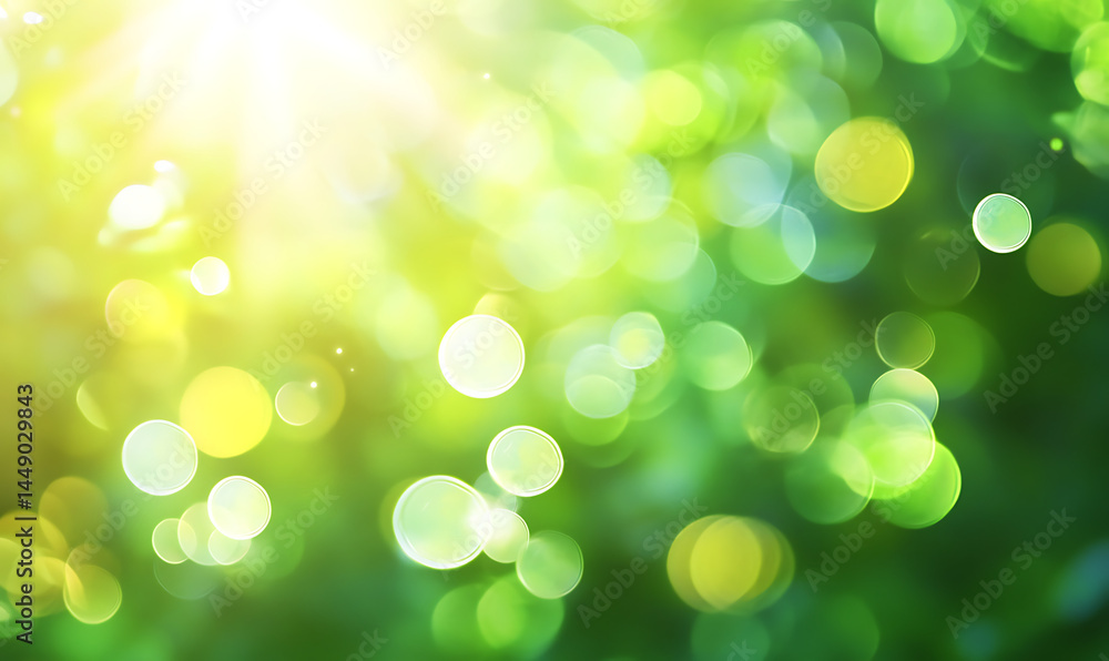 Poster blurred background of spring nature with sun rays and bokeh effect. abstract summer green background