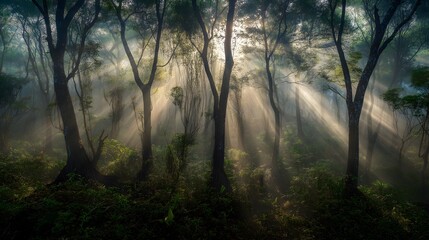 Mystical forest landscape at sunrise with dramatic sun rays streaming through dense trees and morning mist, creating an ethereal and tranquil atmosphere in a lush green woodland environment