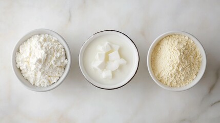 Collection of coconut products including coconut powder, coconut milk, and coconut cream displayed on a light marble surface