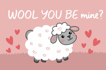 A cute cartoon sheep, wearing a heart, playfully asks "Wool you be mine?"  with a speech bubble.  Include a whimsical, romantic style.