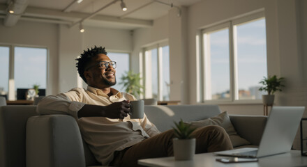 Thoughtful Black man relaxing with laptop and coffee in office. Young African American entrepreneur relaxing during coffee break in office lounge. Comfortable office environment.