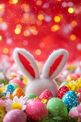 Obraz premium Colorful easter celebration with blooming flowers and charming bunny ears against a vibrant red backdrop