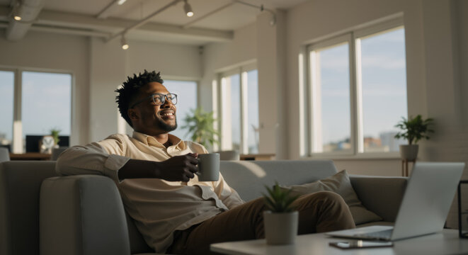 Thoughtful Black man relaxing with laptop and coffee in office. Young African American entrepreneur relaxing during coffee break in office lounge. Comfortable office environment.