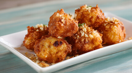 Golden delights crispy fried fritters served on pristine white plate tempting taste buds with their textures