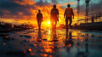 Workers walking sunset construction site.