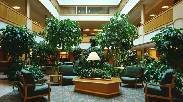Indoor atrium with lush greenery and seating areas.