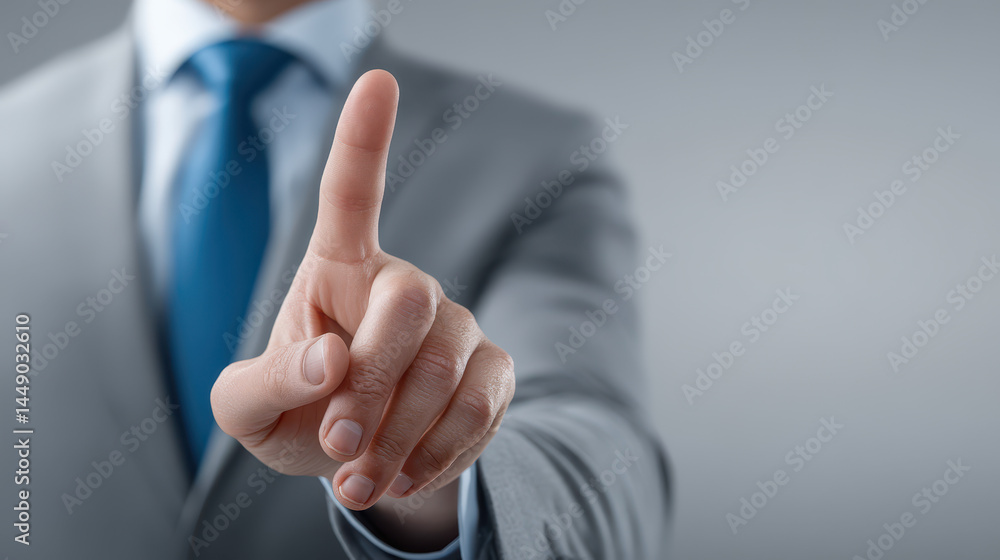Poster a man in a suit is pointing at a button on a screen