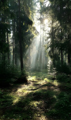 Obraz premium Enchanting sunlight filters through towering trees casting ethereal rays illuminating woodland path serenity