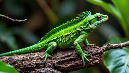 Obraz premium Exploring the vibrant green crested lizard in its natural habitat tropical forest wildlife photography close-up view