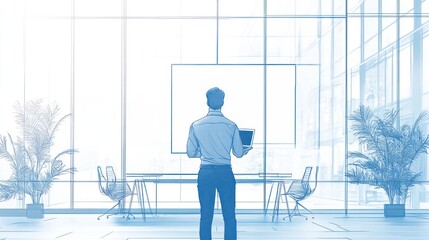 Businessman in modern office, looking at blank board, overlooking meeting space