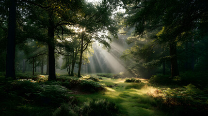 Sunlight filtering through trees illuminates a mystical forest clearing with lush vegetation