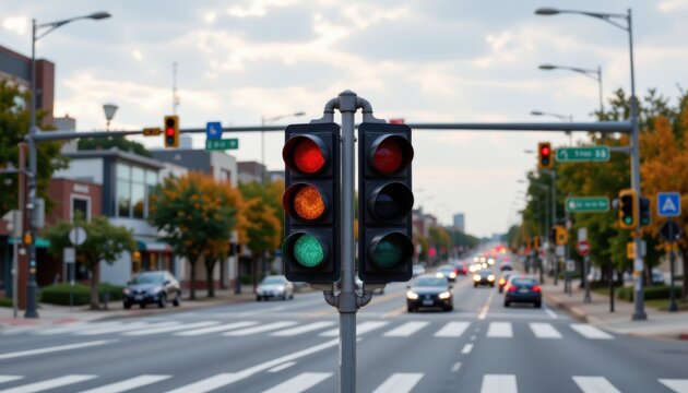 Traffic light control system urban intersection traffic management city streets aerial view smart infrastructure