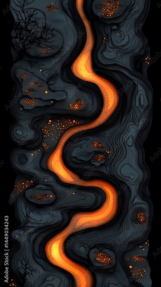 Poster stylized topographic map with glowing stream and ethereal illumination
