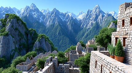 Majestic Mountain Vista Ancient Stone Ruins and Snow Capped Peaks