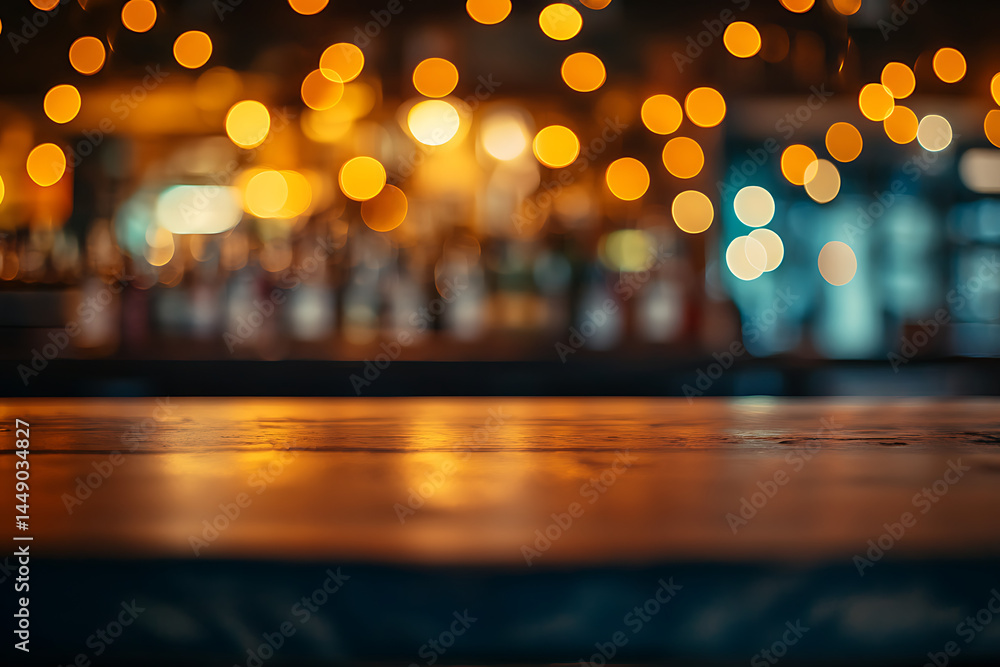 Poster blurred background of an empty table in front of blurred lights and shadows from the interior of a b