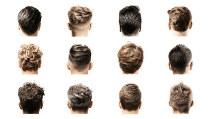 Variety of men's hairstyles from the back.  Different lengths, textures, and styles are displayed