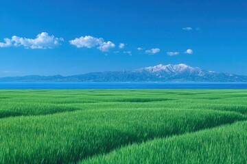 Fototapeta premium Scenic Rice Field with Mountain Backdrop and Blue Sky, Tranquil Landscape Photography