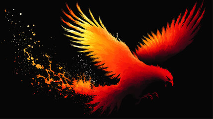 Obraz premium Fiery Phoenix Illustration in Flight on Black Background – Vibrant Abstract Fire Bird, Mythical Creature Digital Art