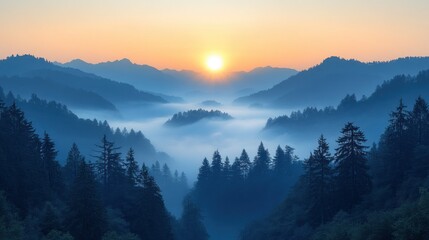 Obraz premium Sunrise over misty mountain valley