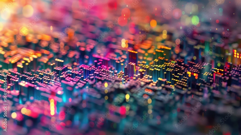 Poster explore a colorful abstract visual composed of millions of tiny pixels, featuring a vibrant blend of