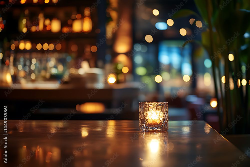 Poster blurred background of an empty table in front of blurred lights and the interior of a bar or cafe at