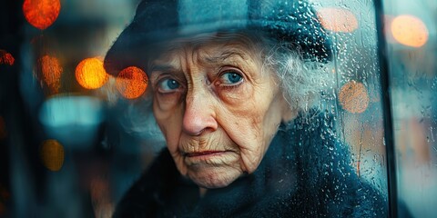 portrait of an old woman looking through a window with rain on her face 
