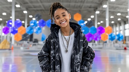 Fototapeta premium Happy African American Girl in Stylish Jacket Posing in Modern Interior with Colorful Hexagon Decor