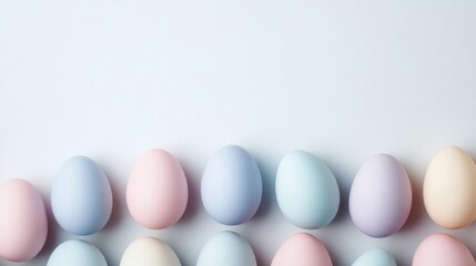 Colorful pastel eggs arranged in a row on a light background, perfect for Easter celebrations and springtime festivities, egg decoration concept