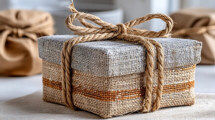 Obraz premium Rustic Gift Box with Burlap and Linen Tied with Jute Rope Bow