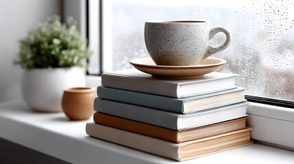 Reading on a rainy day books and teacup on a window sill cozy atmosphere