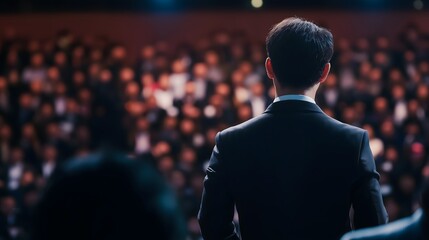 Business speaker seen from behind addressing a large audience in a conference hall, focused lighting emphasizing leadership and public speaking