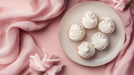 Delicate meringue cookies arranged on a plate, surrounded by pink.