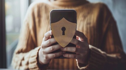 Mobile data security  a close up of smartphone use with digital shield and lock icon for protection