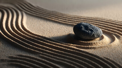 Balanced tranquility a solitary stone rests amidst raked sand evoking serenity and introspective contemplation