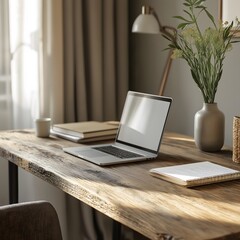 Minimalist home office interior with natural light, wooden desk, closed laptop, potted plant, modern table lamp, notebooks arranged neatly in a calm and clean workspace
