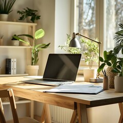 Minimalist home office interior with natural light, wooden desk, closed laptop, potted plant, modern table lamp, notebooks arranged neatly in a calm and clean workspace