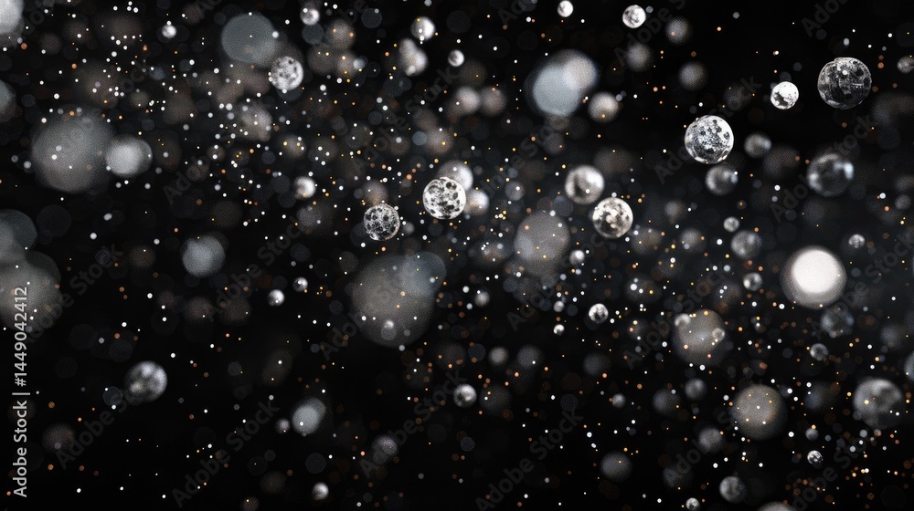 Poster abstract image of floating particles on a black background. the visual features a blend of light and