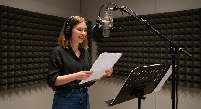 Woman in recording studio with microphone and headphones holding script while smiling during a recording