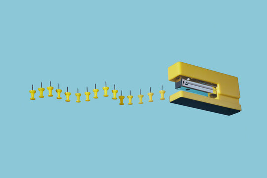 Stapler and yellow push pins dotted line