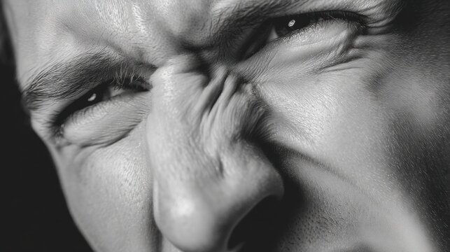 Close-up of a male face displaying intense emotion, showcasing furrowed brows, tightly pursed lips, and squinting eyes, emphasizing the texture of skin and facial muscles under dramatic lighting; shot