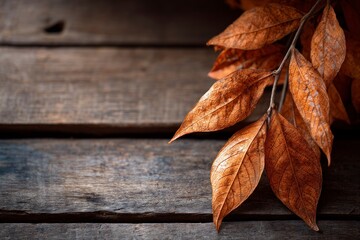 Obraz premium Dried Leaves on Rustic Wood Surface in Warm Tones Fall Season