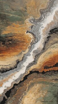 A stunning abstract artwork featuring swirling patterns of rich earthy tones including browns, oranges, and greens, contrasted with streaks of white. The fluidity of the paint creates a dynamic flow r