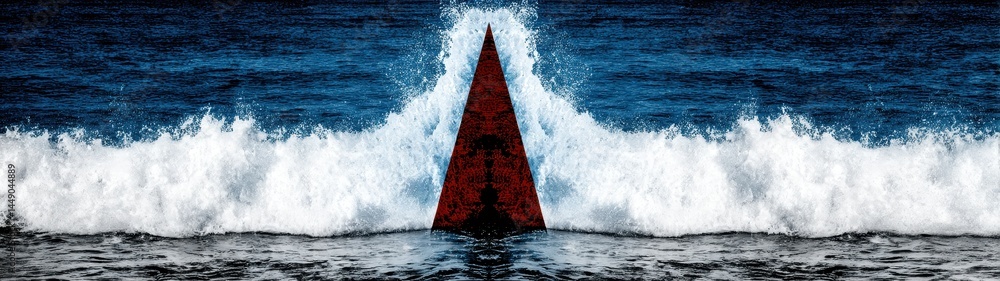 Poster serene ocean scene with calm waves and a triangular red object created through double exposure techn