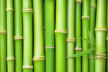 Fototapeta premium Close-up view of vibrant green bamboo stalks tightly packed together. A single, fresh leaf rests among the stems
