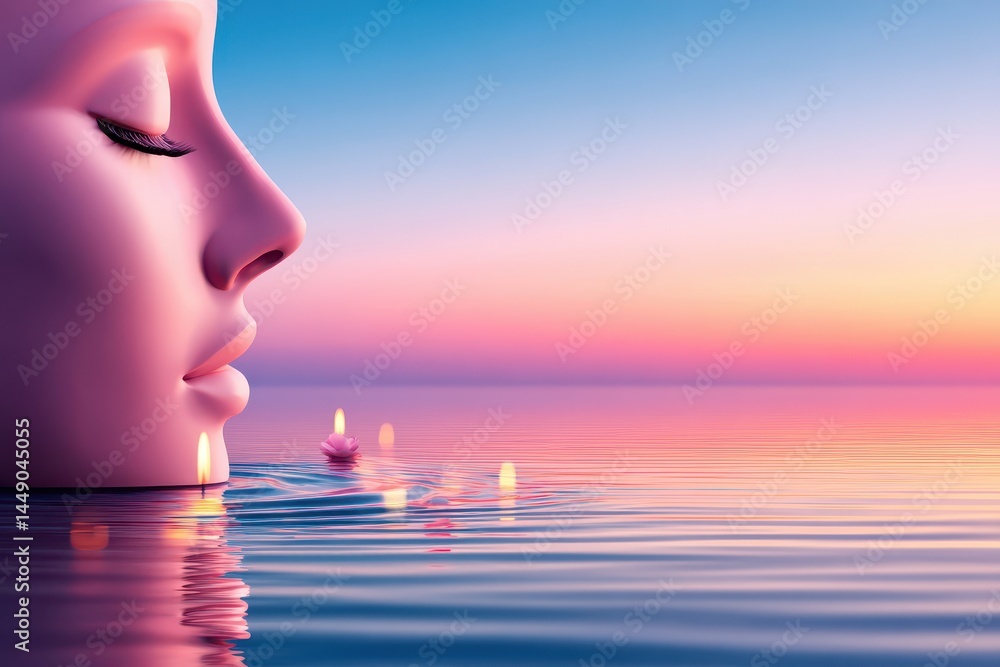Poster tranquil silhouette of a floating face at dusk over the calm ocean water with soft colors and floati